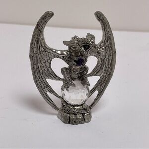 Vintage Pewter Dragon Figurine with Crystal Orbs